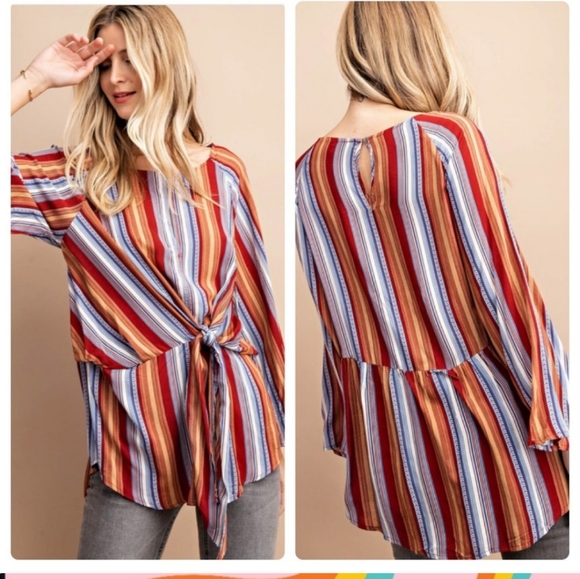KORI BOHO Tie Detail Mocha Striped Tunic - Picture 1 of 16